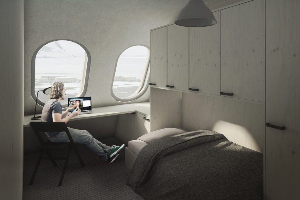 Interior rendering of man relaxing inside Arctowski Antarctic Station