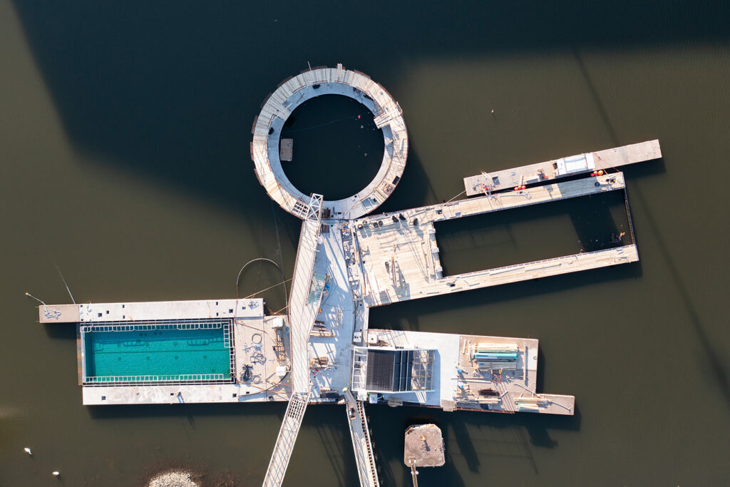 Aerial landscape photo of Gothenburg Blue Park complete with swimming pool