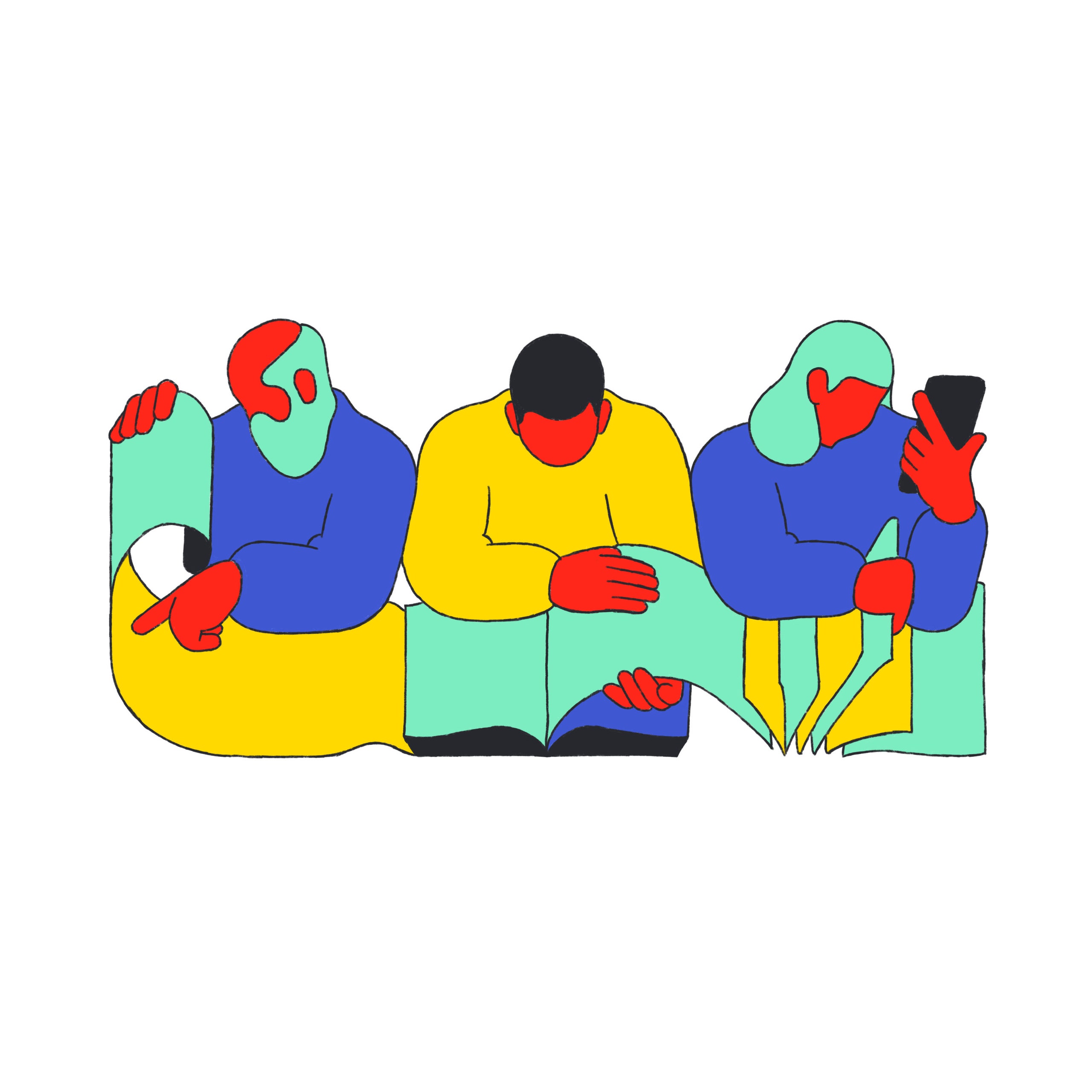 Illustration of three people reading books.