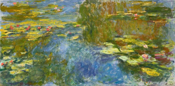 A painting depicts a pool of water with water lilies and reeds