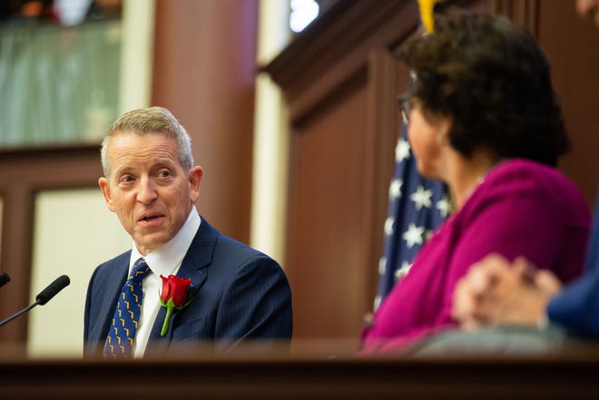Speaker of the House Paul Renner presents gives remarks during opening day of the 2024 Florida Legislative Session on Jan. 9, 2024. Just a couple of weeks later, the House passed a bill restricting social media use for minors.