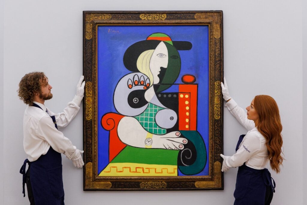 LONDON, ENGLAND - OCTOBER 06: Pablo Picasso’s Femme à la montre, from 1932, the artist’s ‘golden year’ goes on view at Sotheby's on October 06, 2023 in London, England. The painting is on view to the public in London until 11 October at Sotheby’s. Estimated to realise in excess of $120m when it is offered at auction in New York this November, the work is one of the most valuable paintings ever to come to the market. (Photo by Tristan Fewings/Getty Images for Sotheby's)