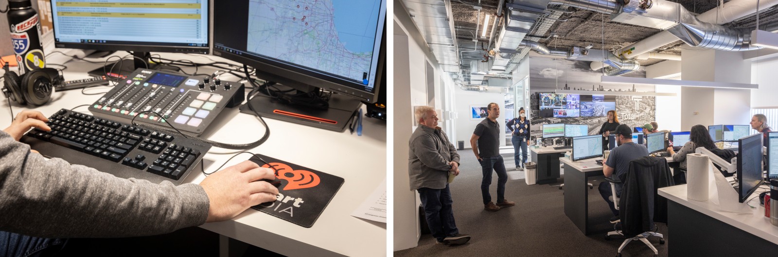 Pries works with several other traffic reporters and producers. But on the days he’s on the job, he’s generally working solo — fielding calls, keeping tabs on emergency service alerts and paying close attention to the weather.
