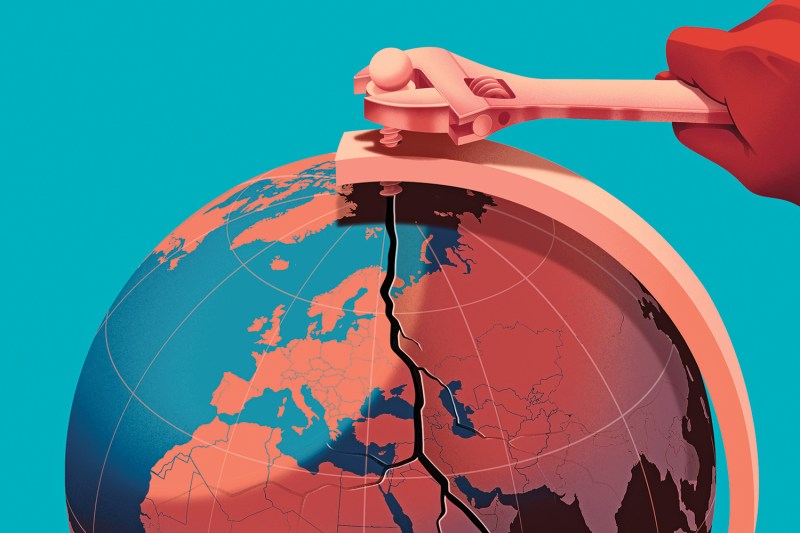 An illustration shows a stylized globe with a crack through it. A hand with a wrench tightens the screw atop the globe.