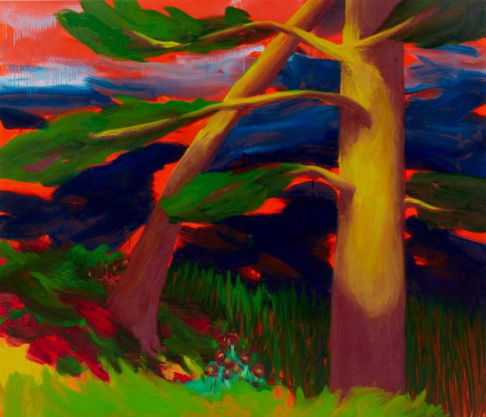 A painting in lurid colours of green and blue of two trees beneath a red sky