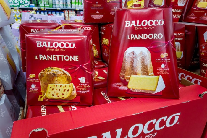 Balocco panettone and pandoro  cakes in an Italian supermarket