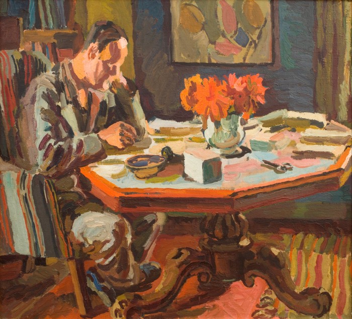 A painting of a man sat at a desk writing 