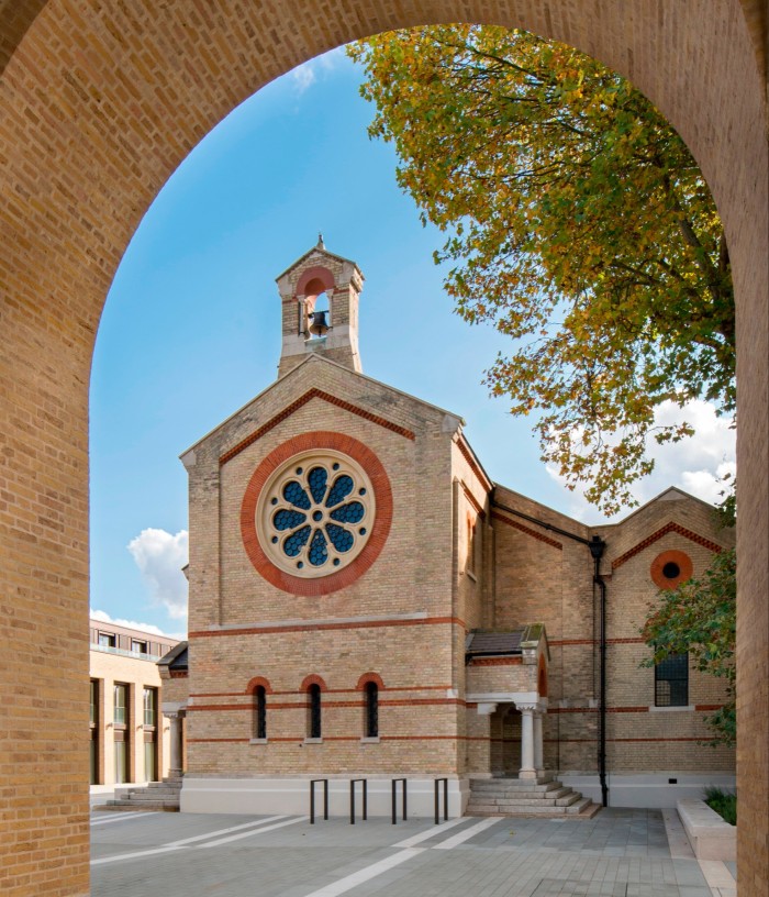 Photo of chapel building seen through archway