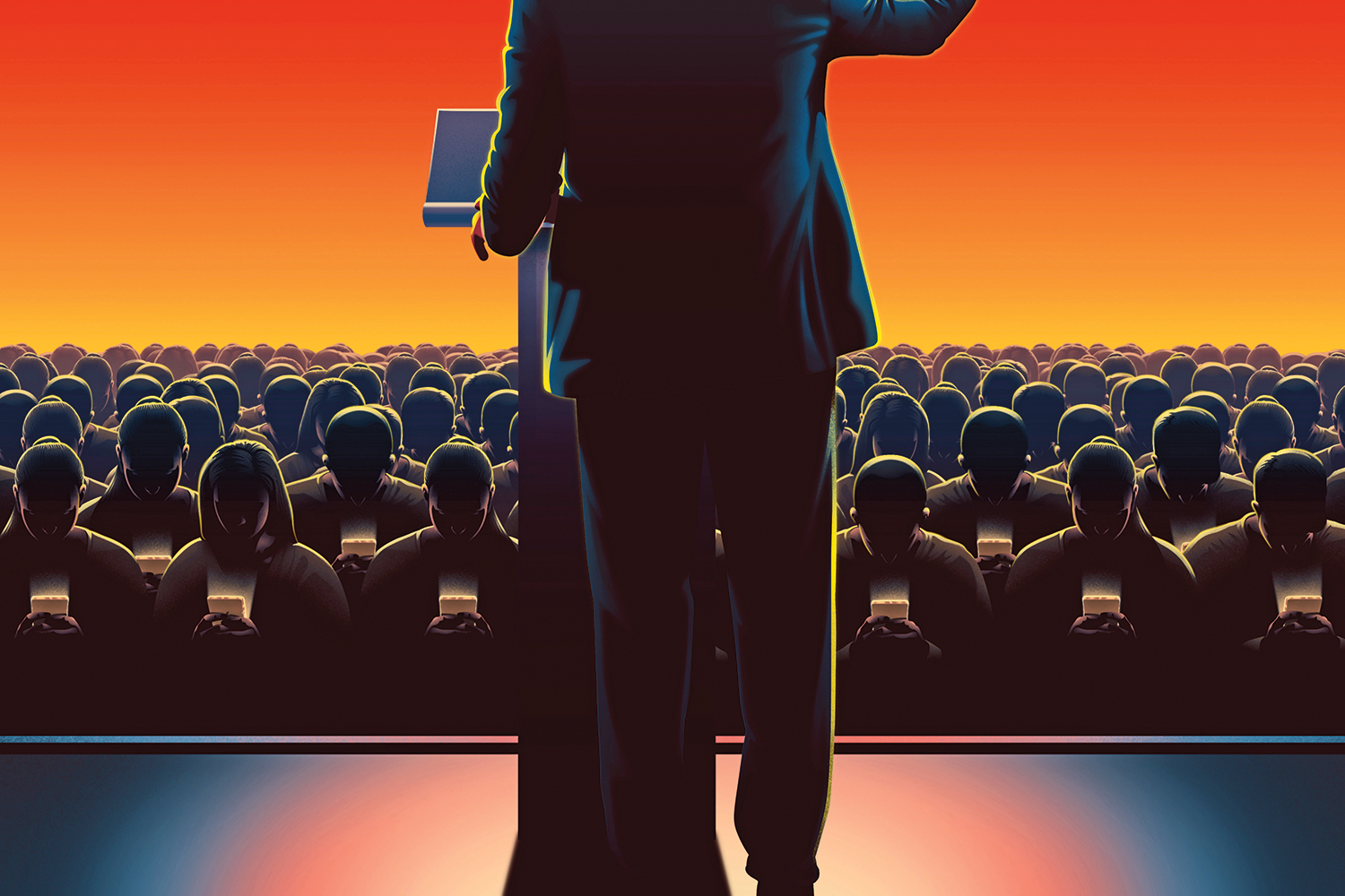 An illustration shows the back of a candidate at a podium on a stage. In front of him is a sea of people in the audience, faces all illuminated as they look down at thair phones.