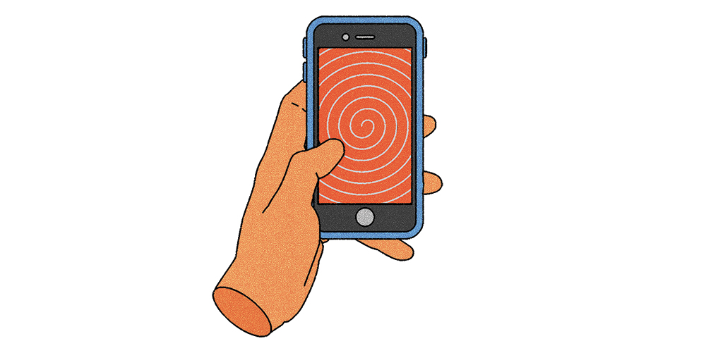 An illustration shows a hand holding a cell phone with a spinning hypnotic screen.