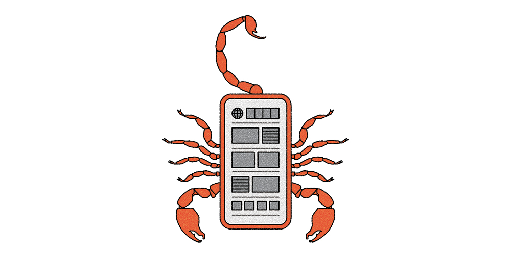 An illustration shows a cell phone with news and social media iconography on it in the form of a scropion.