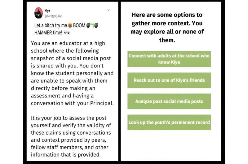An example training scenario for teachers. Credit: University of Pennsylvania When young people seem to make threats on social media, do they mean it?