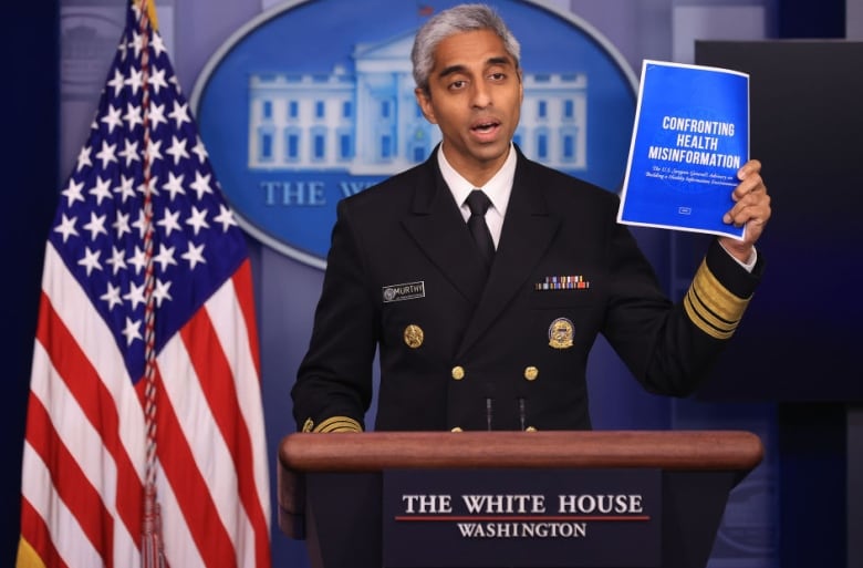 Vivek Murthy talks to reporters during the daily news conference in the Brady Press Briefing Room at the White House on July 15, 2021 in Washington, DC.