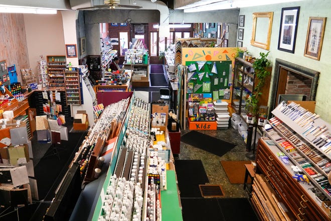 The main room of the art store on Tuesday, Jan. 16, 2024, at Suder’s Art Store in Over-the-Rhine. To the right is a room full of easels and frames.