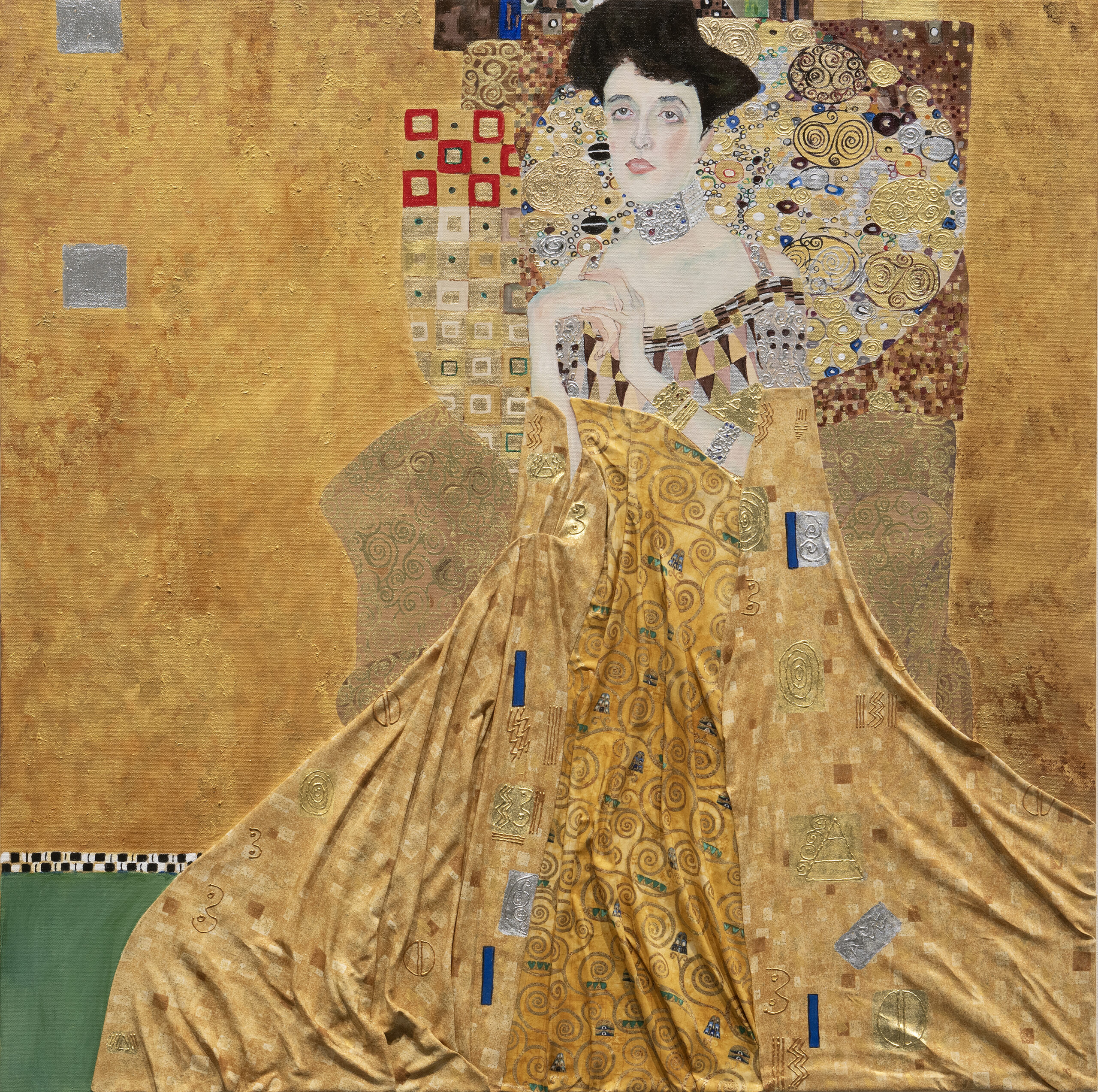 Gold-flecked portrait of woman in gold dress