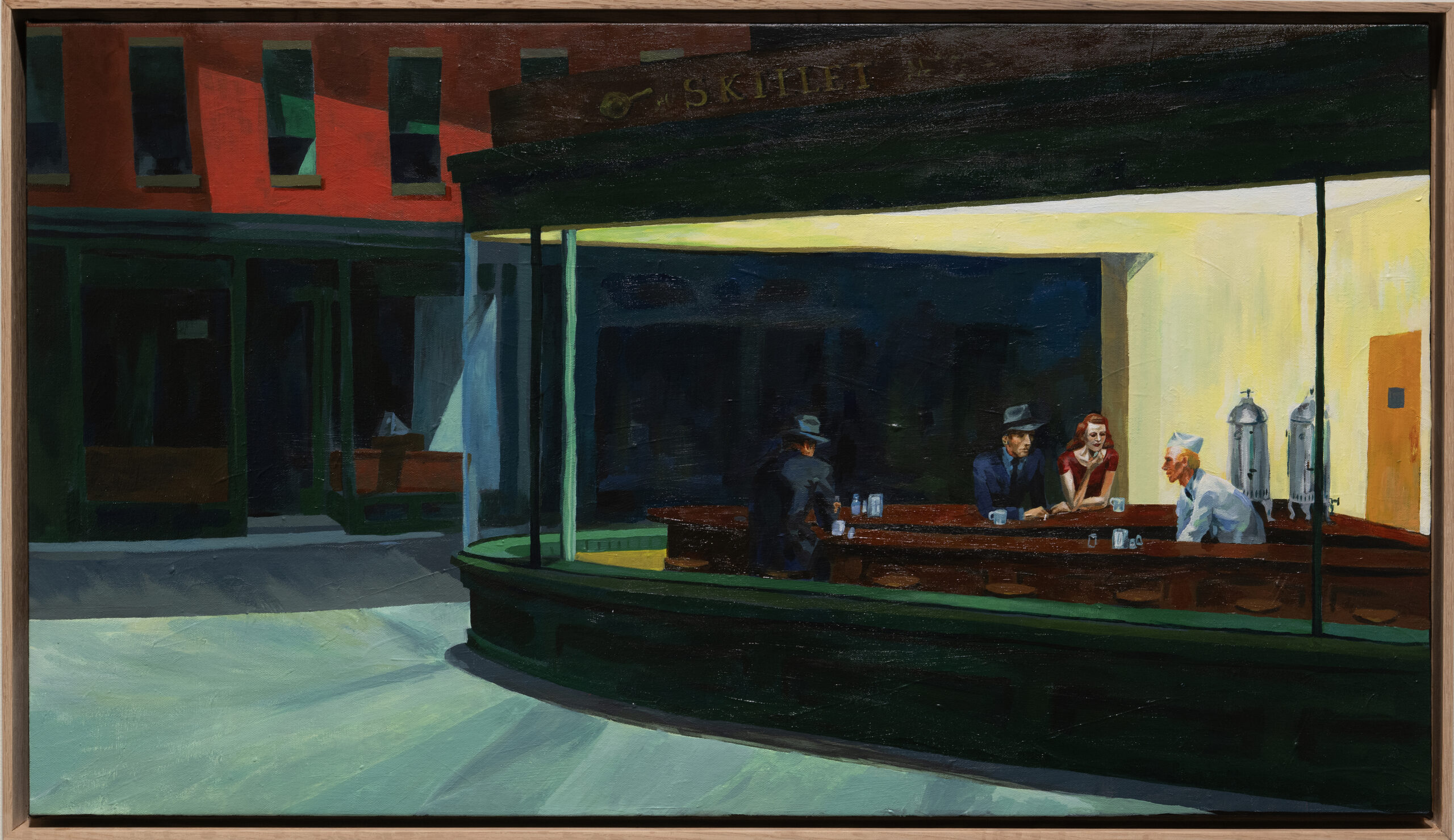 Painting of diner on street corner 