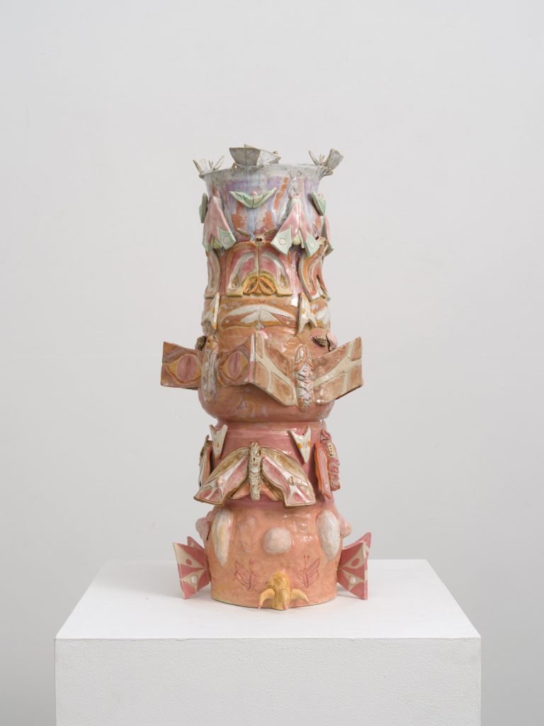 glazed porcelain & stoneware, acrylic enamel & epoxy with moth motifs