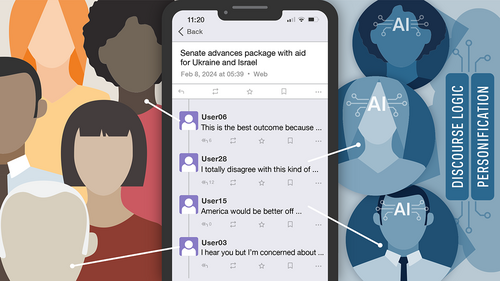 Graphic depicts animated people chatting on social media platform with AI bots posing as people.