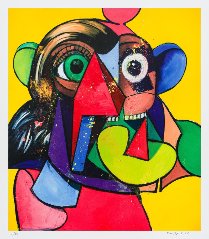 A Cubist like painting of a head created from multi-coloured shapes