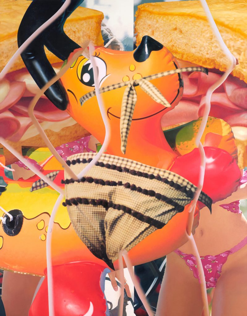 collage by jeff koons of a blow up puppy shaped like a hot dog with baloney sandwiches in the bg and an outline of a female nude in the foreground