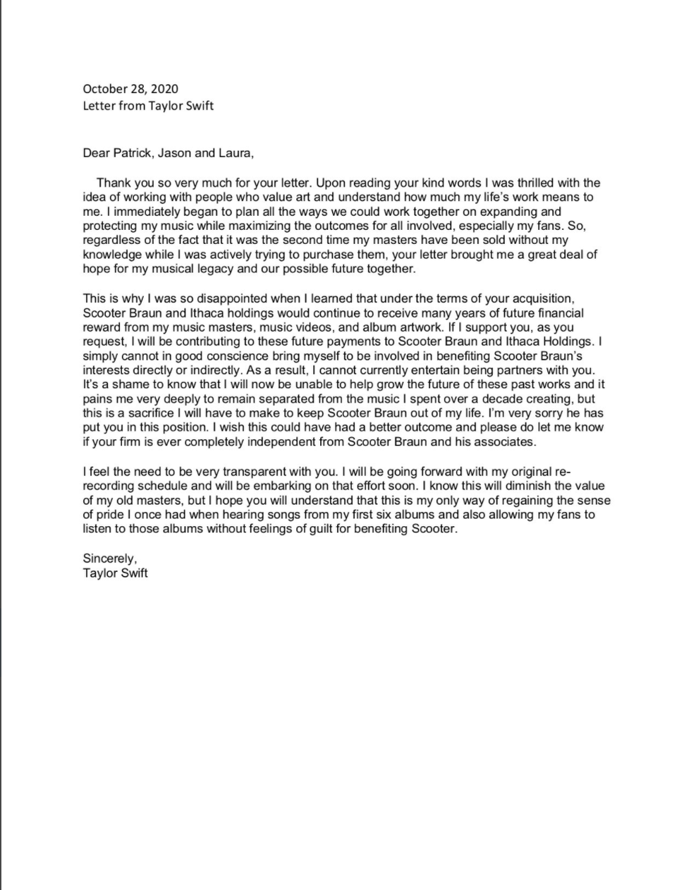 a letter from taylor swift saying she will not work with or benefit scooter braun