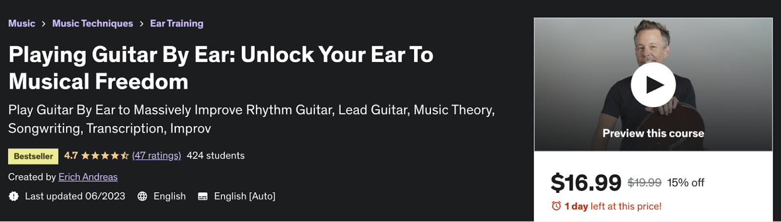 Guitarist Erich Andreas makes money as a musician by teaching a bestselling Udemy course on Playing Guitar by Ear.