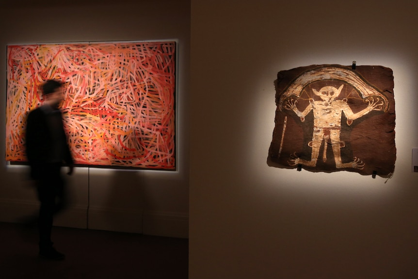 Emily Kame Kngwarreye's 'Wild Yam 2' and David Banggal Mowaljarlai's 'Munubunu' on display.