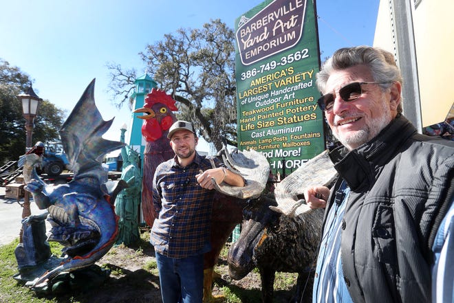 Wesslie Pendola and his dad Carlos Pendola, owner of Barberville Yard Art, Thursday February 2024.