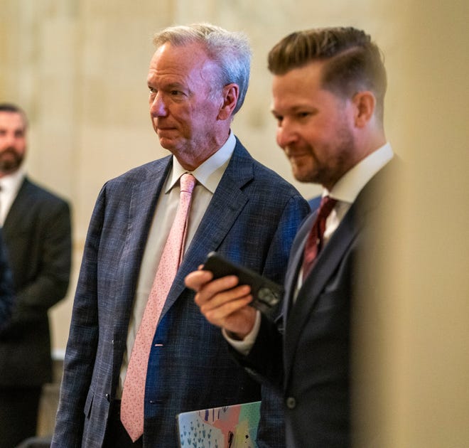 Eric Schmidt, Google - Former CEO of Google and Chair of the Special Competitive Studies Project, left, arrives for the start of Senate Majority Leader Chuck Schumer, Senators Rounds, Heinrich And Young hosting the Inaugural Artificial Intelligence Insight Forum With Key AI Stakeholders To Help Forge Bipartisan Consensus On Legislation To Capitalize On This Transformative Technology in Washington on Sept. 13, 2023.
