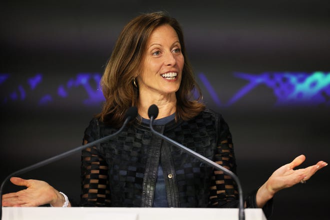 Nasdaq president Adena Friedman speaks at the Nasdaq MarketSite on September 14, 2023 in New York City. Arm, the chip design firm that supplies core technology to companies that include Apple and NVidia, priced its initial public offering at $51 a share. (