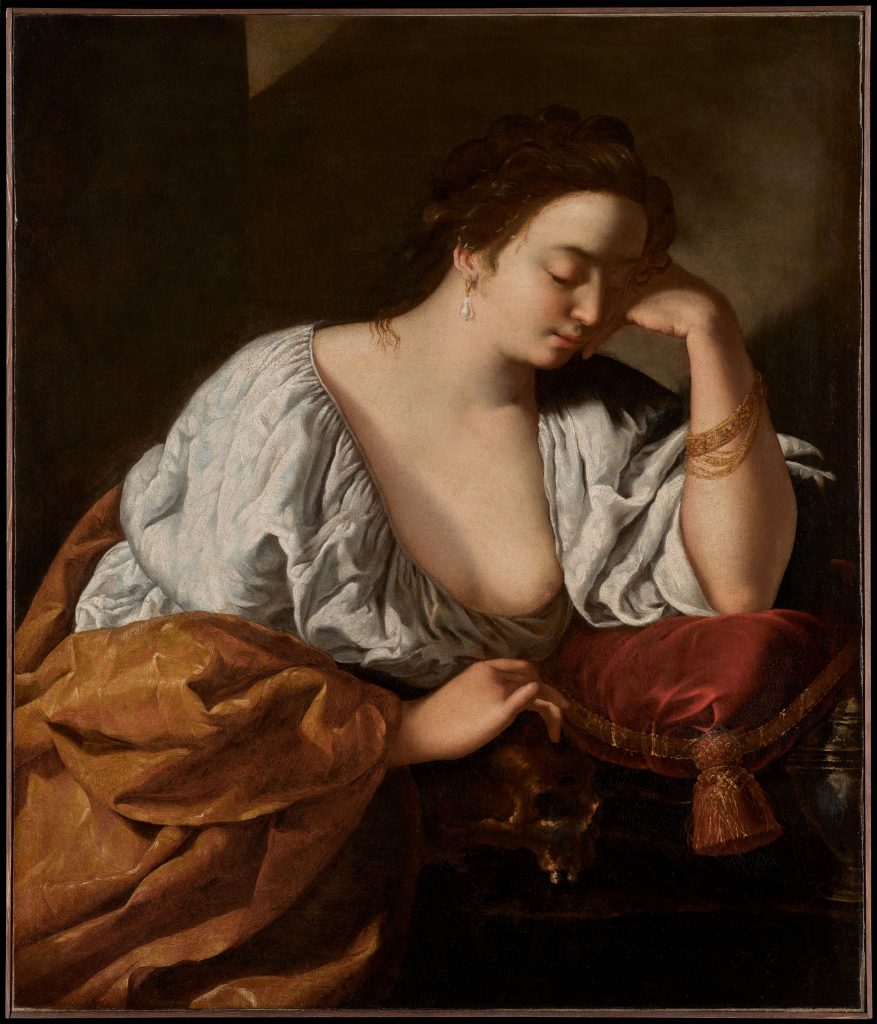 A color image shows a painting of a white woman thinking quietly to herself. Her head rests on her hand. She is wearing a white tunic-style shirt.