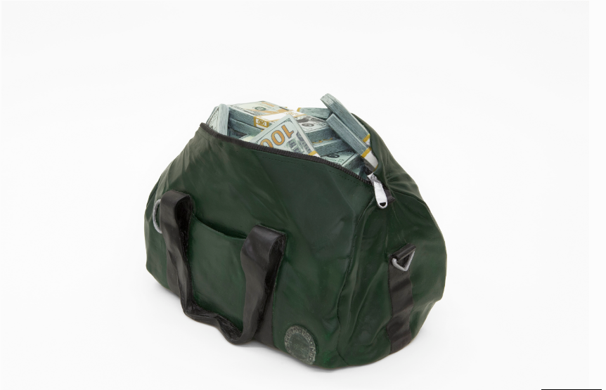 MATT JOHNSON MOVIE MONEY (1 MILLION DOLLARS IN A GYM BAG), 2016 12.24'' X 15.98'' X 10.51'' (31.1 CM X 40.6 CM X 26.7 CM) CARVED WOOD WITH PAINT