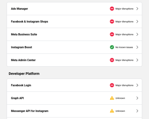 Meta service status page