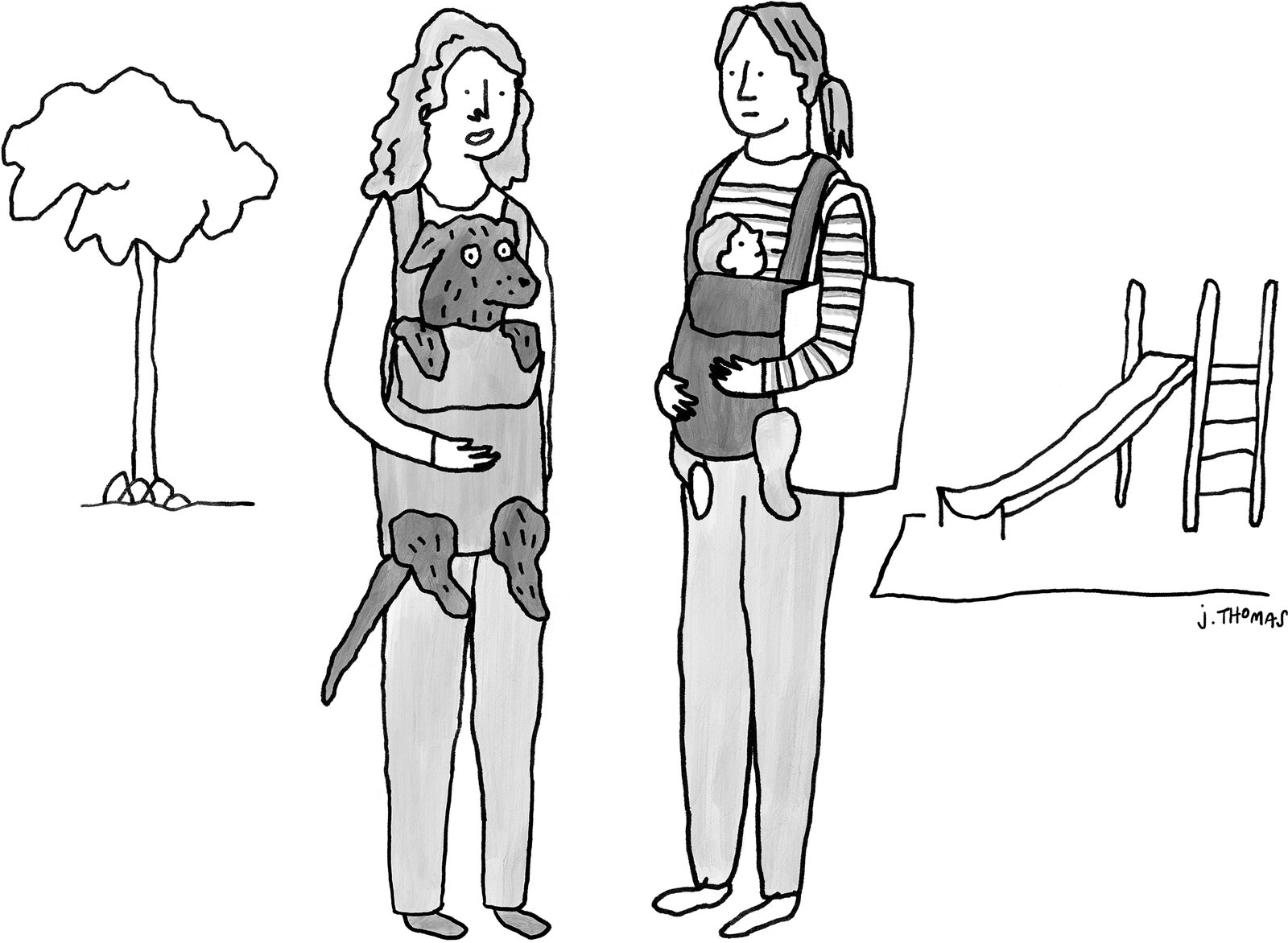 Woman holding baby in sling stands next to woman holding small dog in sling.