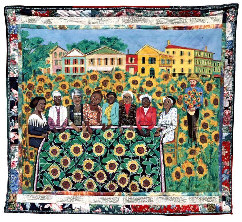 Faith Ringgold (b. 1930, New York, NY), The Sunflowers Quilting Bee at Arles: The French Collection Part I, #4, 1991. Acrylic on canvas, printed and tie-dyed pieced fabric, and ink; 74 × 80 in. (188 × 203.2 cm). Private Collection. © 2023 Faith Ringgold / Artists Rights Society (ARS), New York.