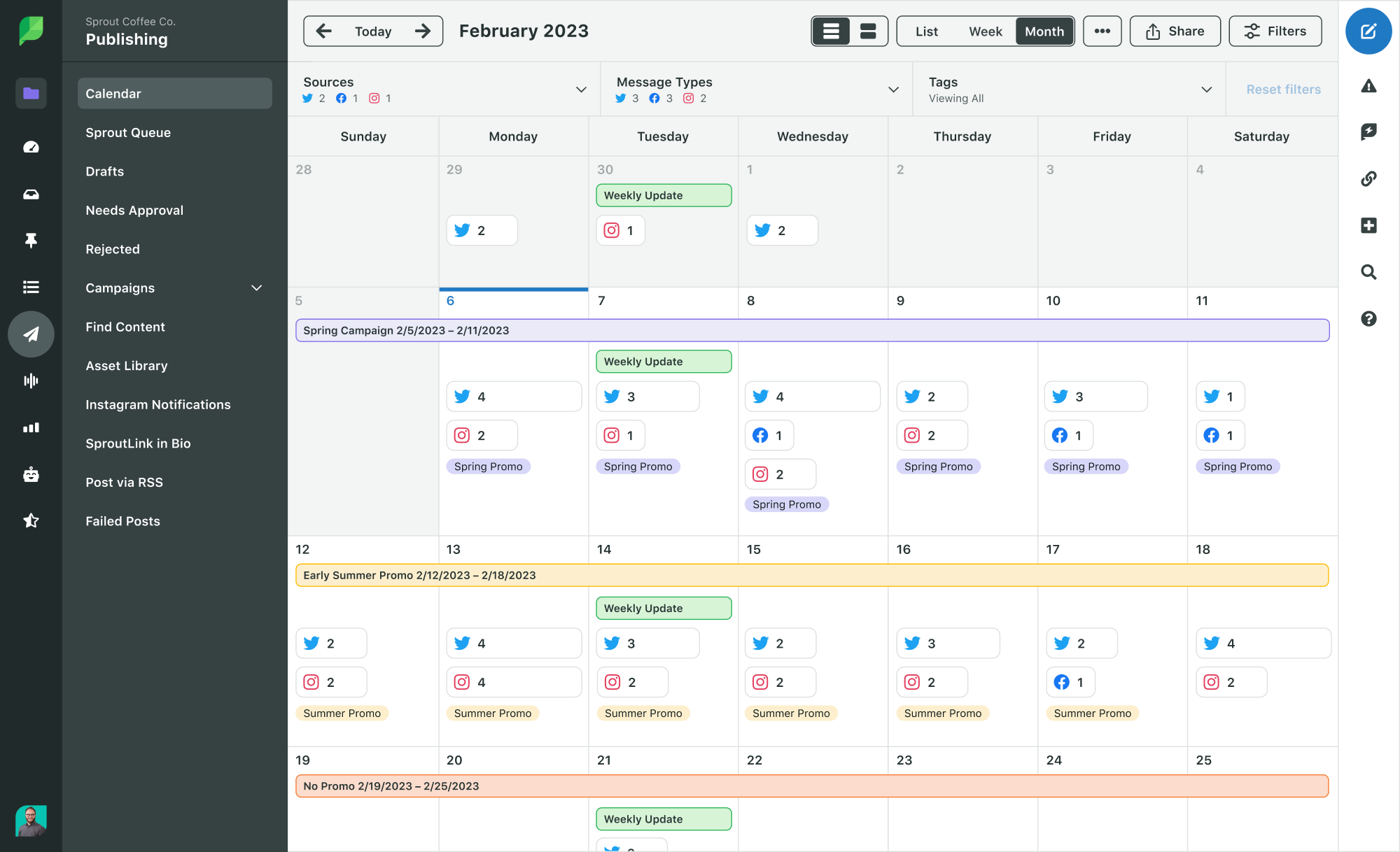 Sprout Social publishing calendar in month view featuring content by social media network, message type, tags and campaigns. 