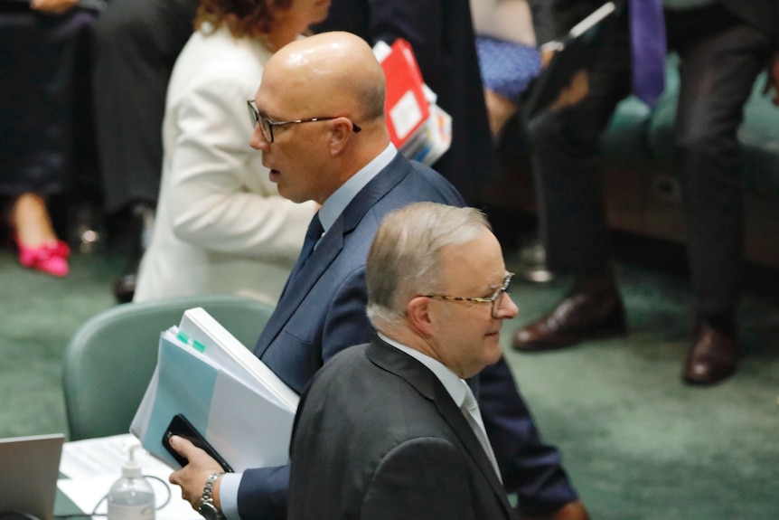 Peter Dutton and Anthony Albanese cross paths in the House of Representatives. 