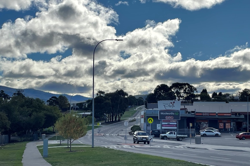A road featuring a pedestrian crossing and shopping centre in background.