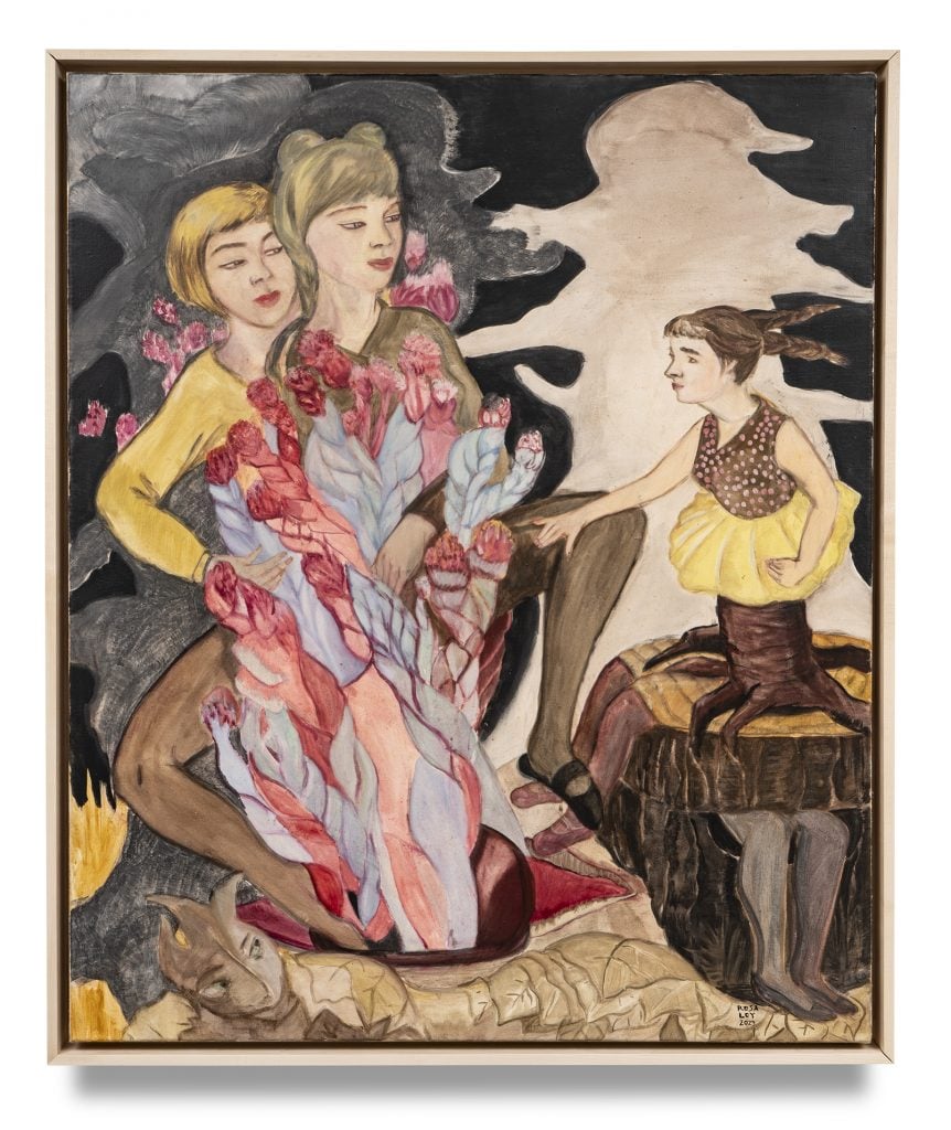 a surrealist painting of two women and a tree with a girl-like figure emerging from it