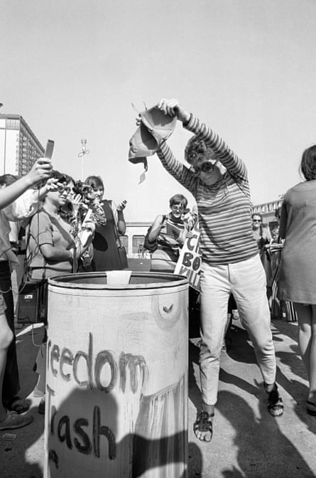 Miss America Pageant Protest in Atlantic City, September 8, 1968. A woman throws a bra into a trash can.