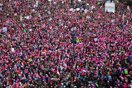 A view of the 2017 Women’s March taken from the rooftop of the Voice of America building, overlooking Independence Avenue in Washington, DC. The majority of women are wearing pink “pussy” hats.