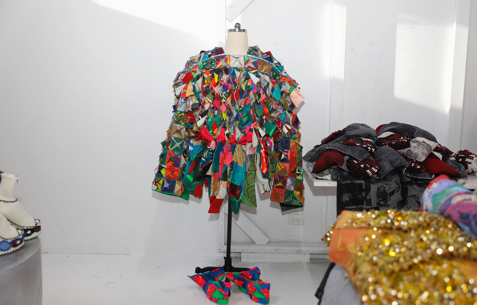 A jacket made of Linda Jacksons printed textiles  transformed by Gogos into new piece.