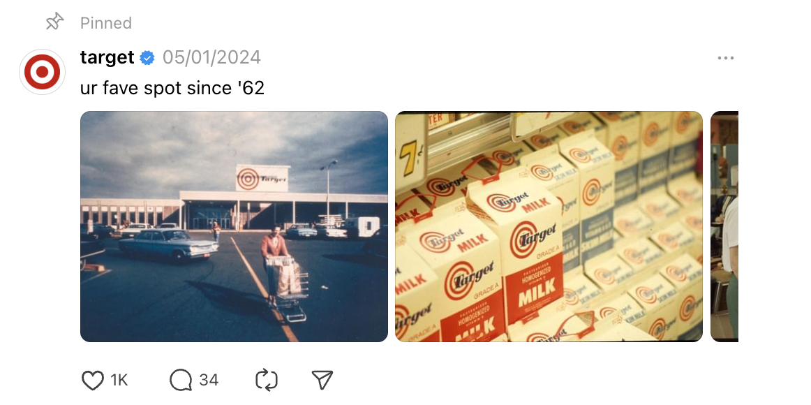 A pinned Threads post from Target featuring two vintage photographs from 1962: one showing a classic Target store exterior with cars and a shopper and another displaying rows of milk cartons. 