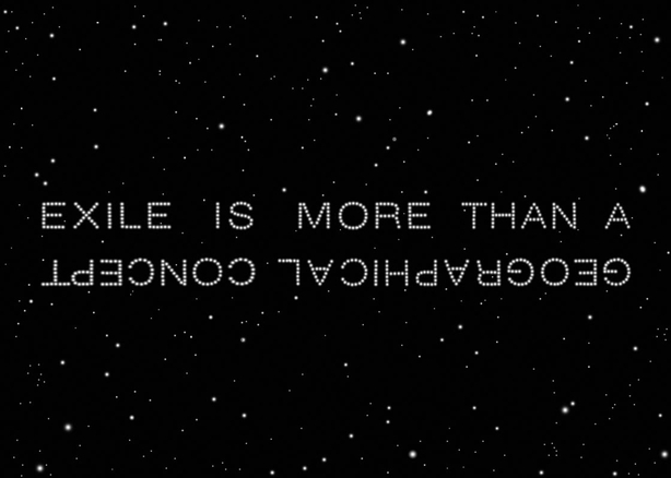 A black field with small white dots like stars and the title of the work written in the star-like text across the center, one of the liaison's picks.