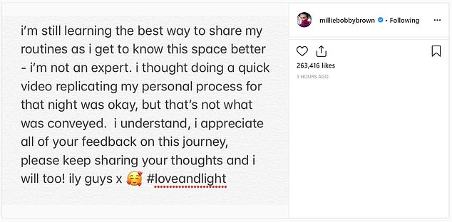 Millie took to Instagram to admit that she had faked her skincare routine in the video