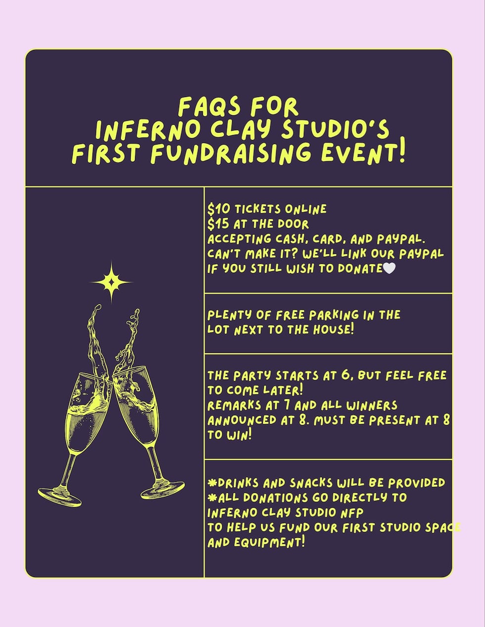 FAQs for Inferno Clay Studio's first fundraising event