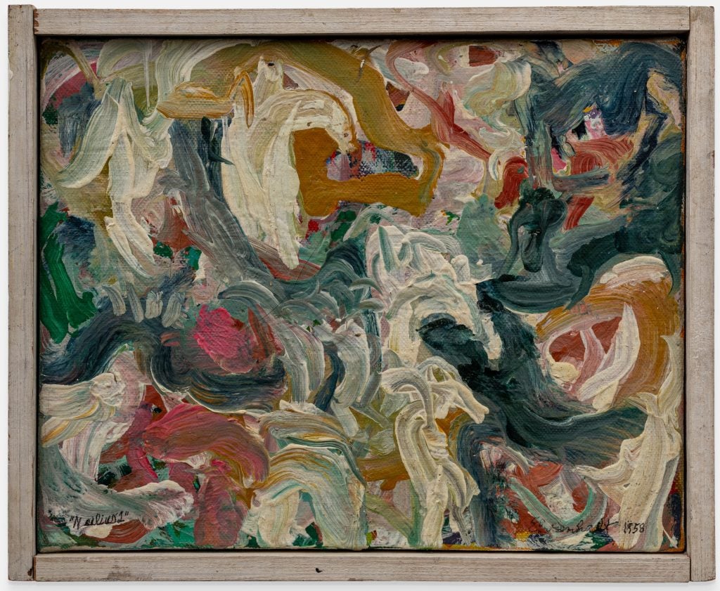 a colourful abstract canvas filled with gestural painterly brushstrokes