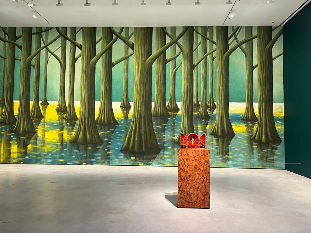 mural of tree trunks in the swamp