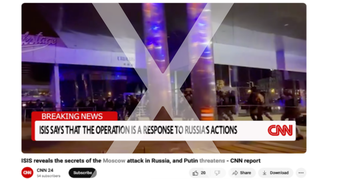 Figure 2: Screenshot of the ”CNN 24” YouTube Channel set up by the ’War and Media’ page and the fake newscast created by the group in order to spread IS talking points following the Crocus City Hall attack. The channel was taken down by the network.