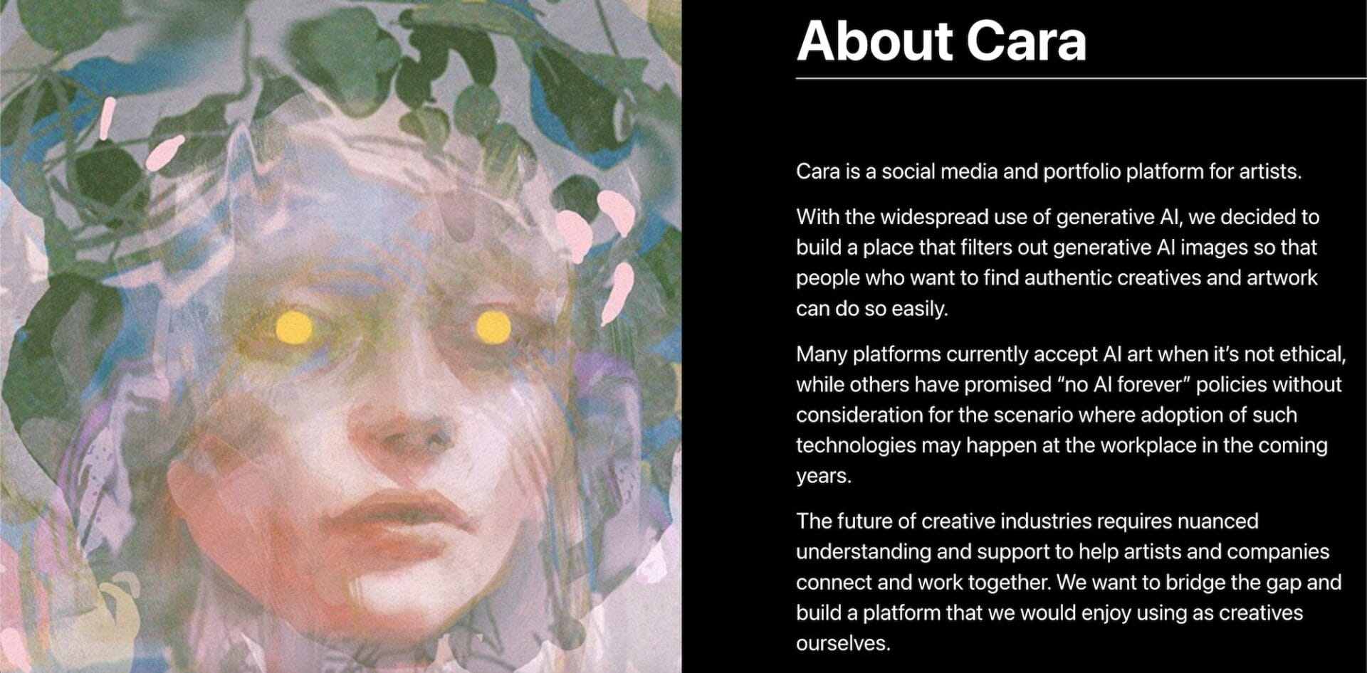 a screenshot from the Cara app website showing an illustration by Tobias Kwan and some text headed 